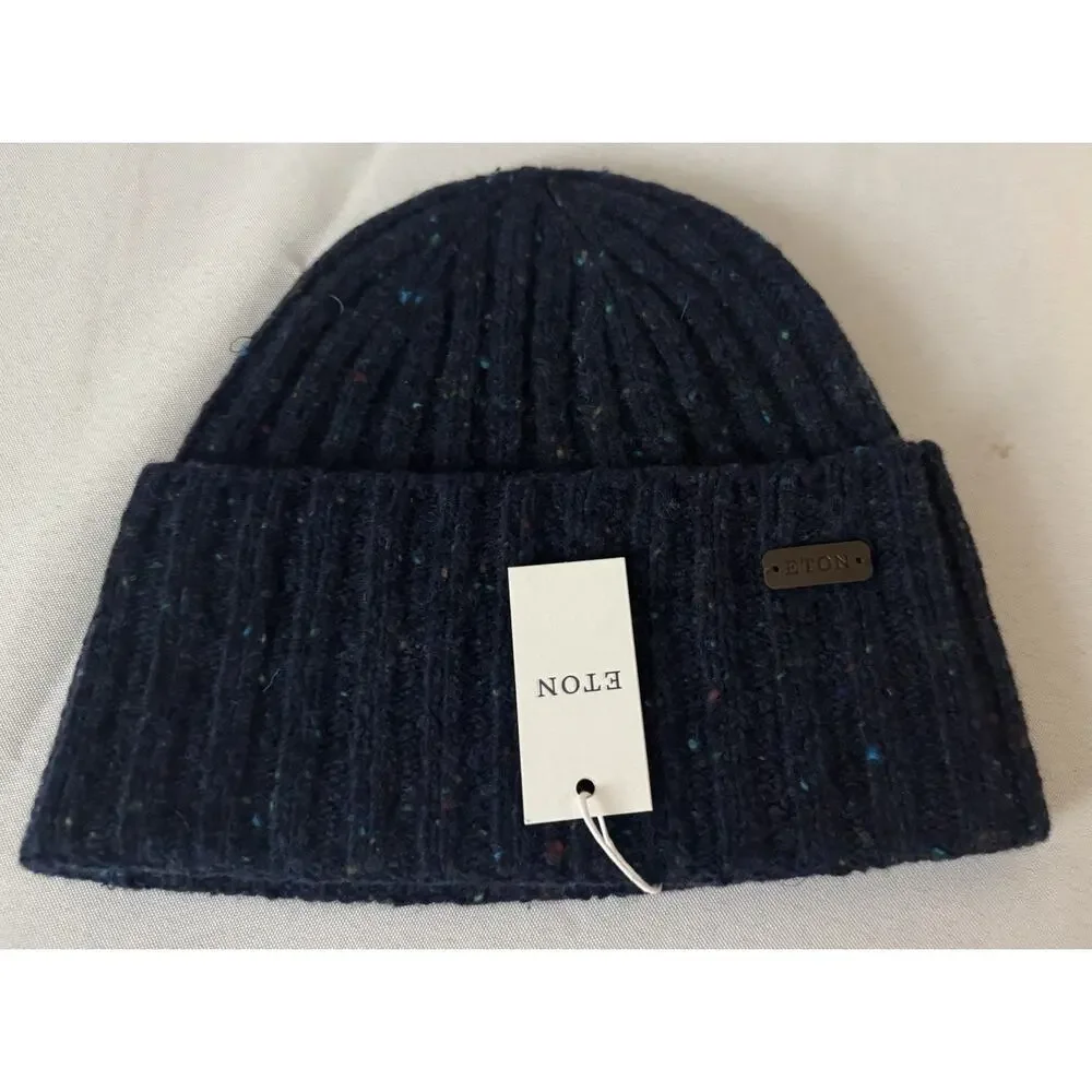 NWT Eton Navy Blue Donegal Leather Logo Patch Wool Beanie $150.00 *2026 Style*